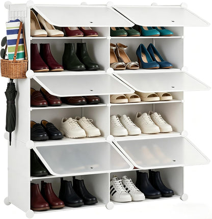 Simple Deluxe 6-Tier Shoe Rack Organizer with Doors, Stackable Shoe Storage Cabinet for Entryway Closet, Plastic Shoe Shelf with Metal Frame, Holds up to 24 Pairs for Bedroom Hallway, Black