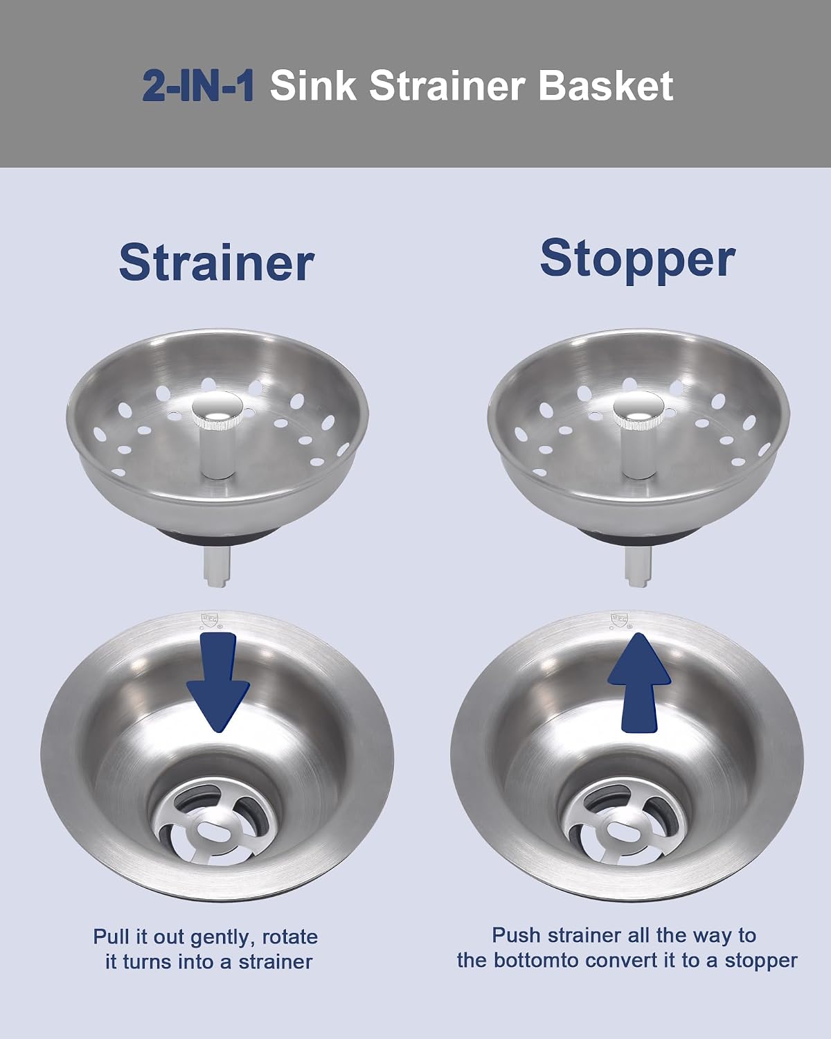 KONE 2PCS Kitchen Sink Basket Strainer Replacement for 3-1/2 Inch Standard Drains Brushed Stainless Steel Body Metal Center Knob with Rubber Stopper