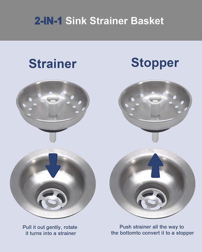 KONE 2PCS Kitchen Sink Basket Strainer Replacement for 3-1/2 Inch Standard Drains Brushed Stainless Steel Body Metal Center Knob with Rubber Stopper