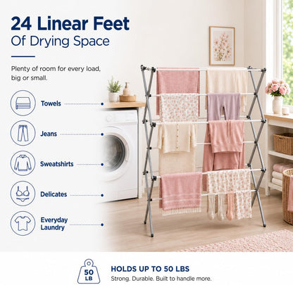 Honey-Can-Do Oversized Collapsible Clothes Drying Rack, 35", 50 lb, Grey | Oversized 35" x 45" steel rack holds 50 lb and folds flat for storage. Air-dry a full load indoors or outdoors.