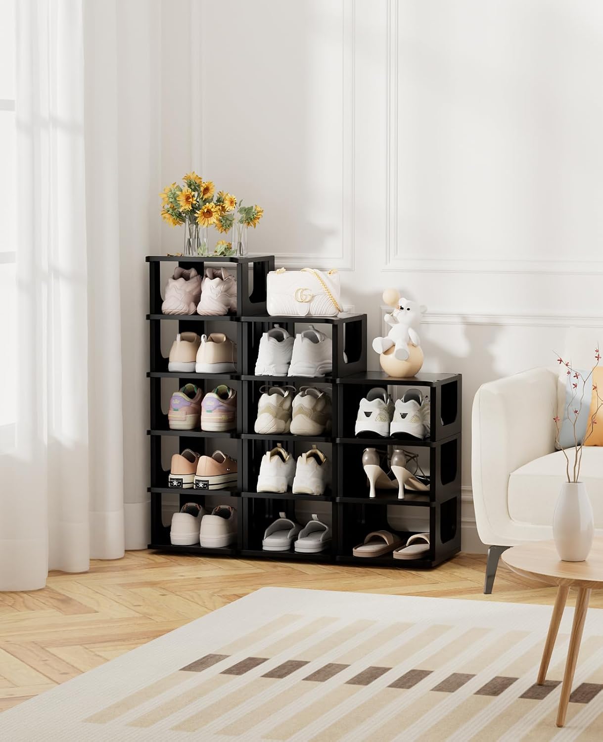 HAIXIN Shoe Organizer Rack for Small Spaces 5 Tier Plastic Vertical Narrow Shelves for Closet Black Shoe Holder, Stand for Entryway Storage Boots Organizer Stackable Cabinet