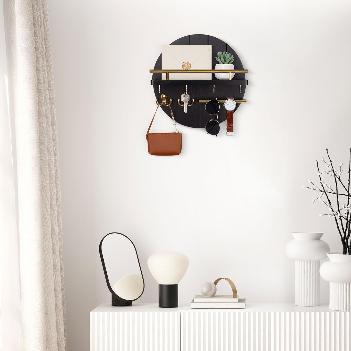 Nekon Key Holder Wall Mount, 11.8 Inch Rack With Shelf and 6 Hooks, Rustic Mail Organizer, Circular Wooden Hanger for Entryway Hallway Kitchen (Brown&Gold)
