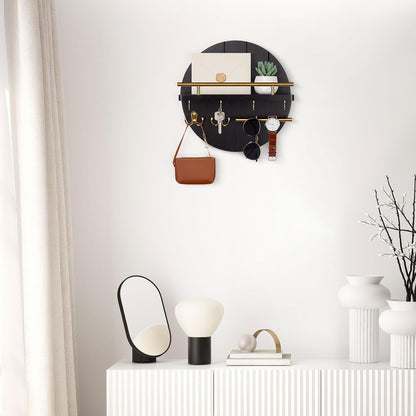 Nekon Key Holder Wall Mount, 11.8 Inch Rack With Shelf and 6 Hooks, Rustic Mail Organizer, Circular Wooden Hanger for Entryway Hallway Kitchen (Brown&Gold)