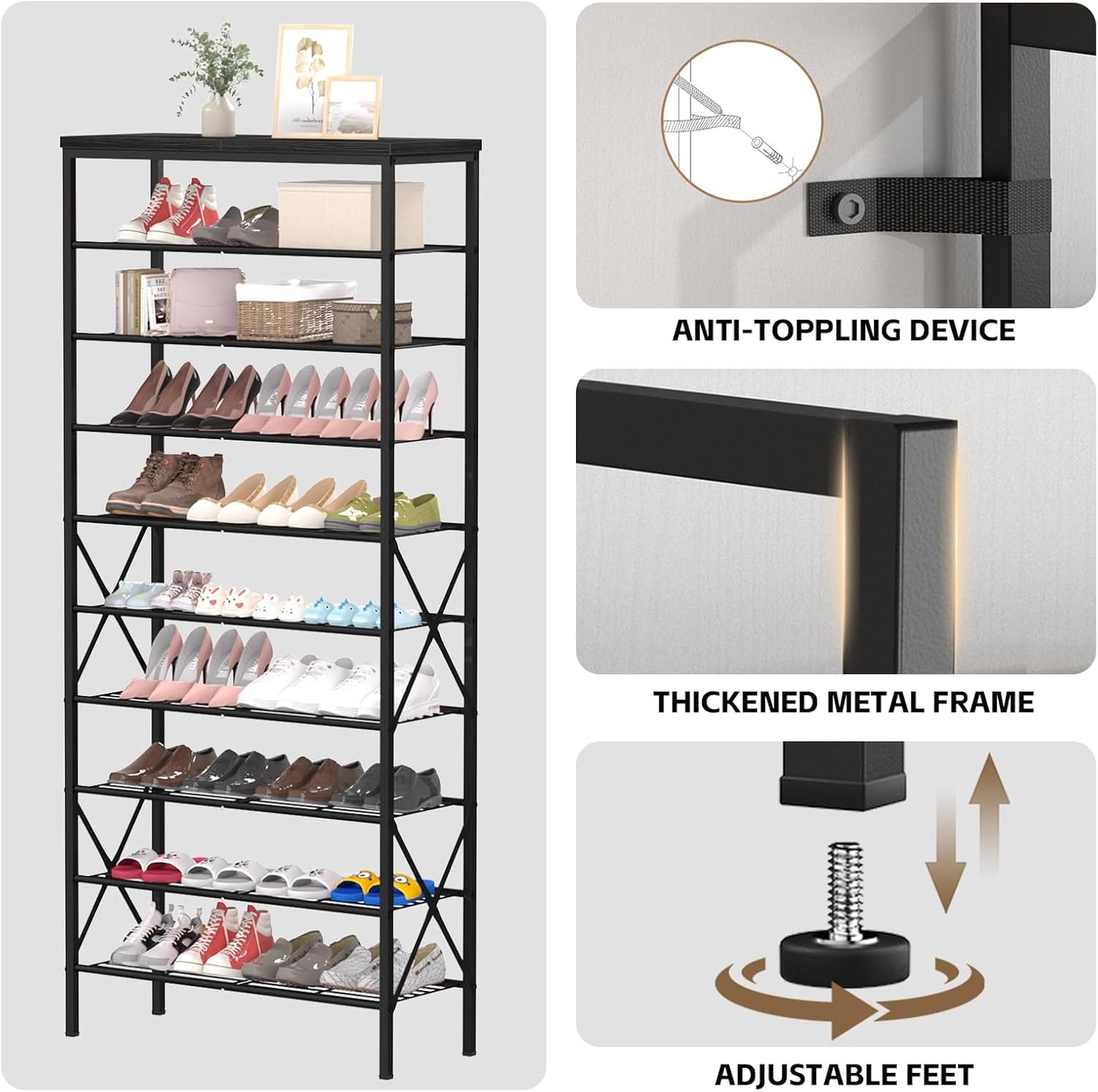 8 Tiers Tall Shoe Rack Organizer, Large Capacity Shoe Rack Holds 32 Pairs of Shoes, Durable and Stable, Adjustable Metal Shelf Stackable Shoe Shelf for Entryway, Hallway, Living Room, Closet
