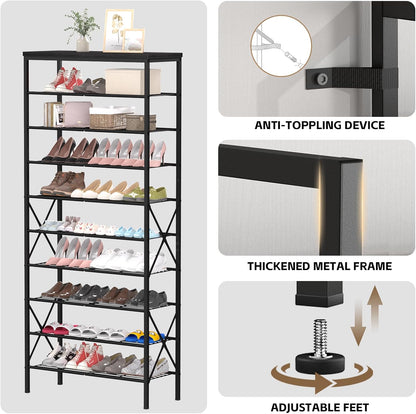 8 Tiers Tall Shoe Rack Organizer, Large Capacity Shoe Rack Holds 32 Pairs of Shoes, Durable and Stable, Adjustable Metal Shelf Stackable Shoe Shelf for Entryway, Hallway, Living Room, Closet