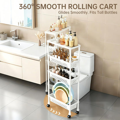 Slim 4 Tier Rolling Storage Cart Narrow Bathroom Organizer on Wheels Blue | 6.7" wide for tight bathroom/kitchen gaps, extra-tall tier, 360° casters, quick-dry shelves, tool-free storage rack