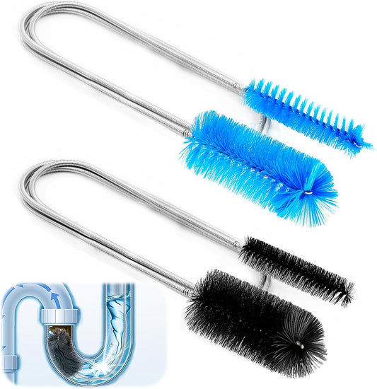 2 Pcs Flexible Drain Pipe Cleaning Brush, 36" Extra Long Double Ended Nylon Bristles and Stainless Steel Tube Cleaners, 2 Brush Head Sizes for Kitchen Sink, Pipe and Hose Cleaning (Black+Blue)