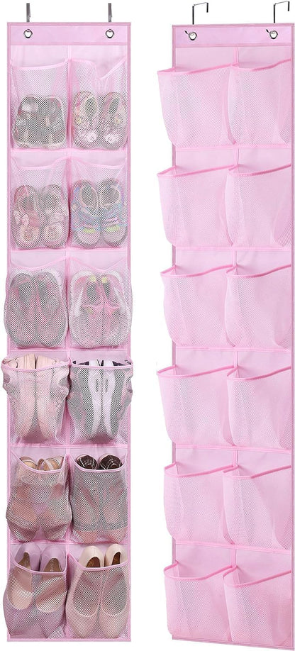 MISSLO Over The Door Shoe Organizer 12 Large Mesh Pockets Hanging Narrow Closet Door, White, 2 Pack