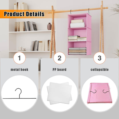 Hanging Closet Organizer 3-Shelf, Oxford Fabric Wardrobe Storage, Gray | Easy-mount foldable design holds clothes, handbags, shoes & accessories; washable Oxford fabric, sturdy and space-saving.
