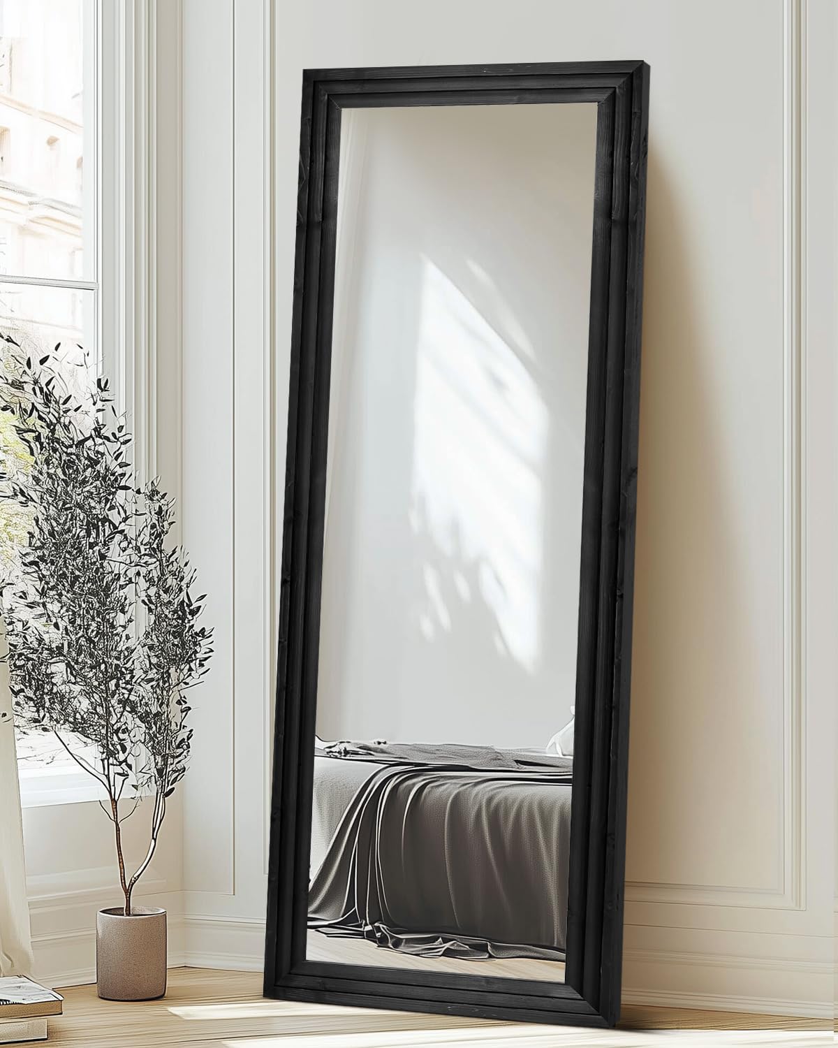 Full Length Mirror 65"x22" with Stand Solid Wood Frame Floor Large Mirror for Living Room, Bedroom Hanging Standing or Leaning Wall-Mounted, New Black