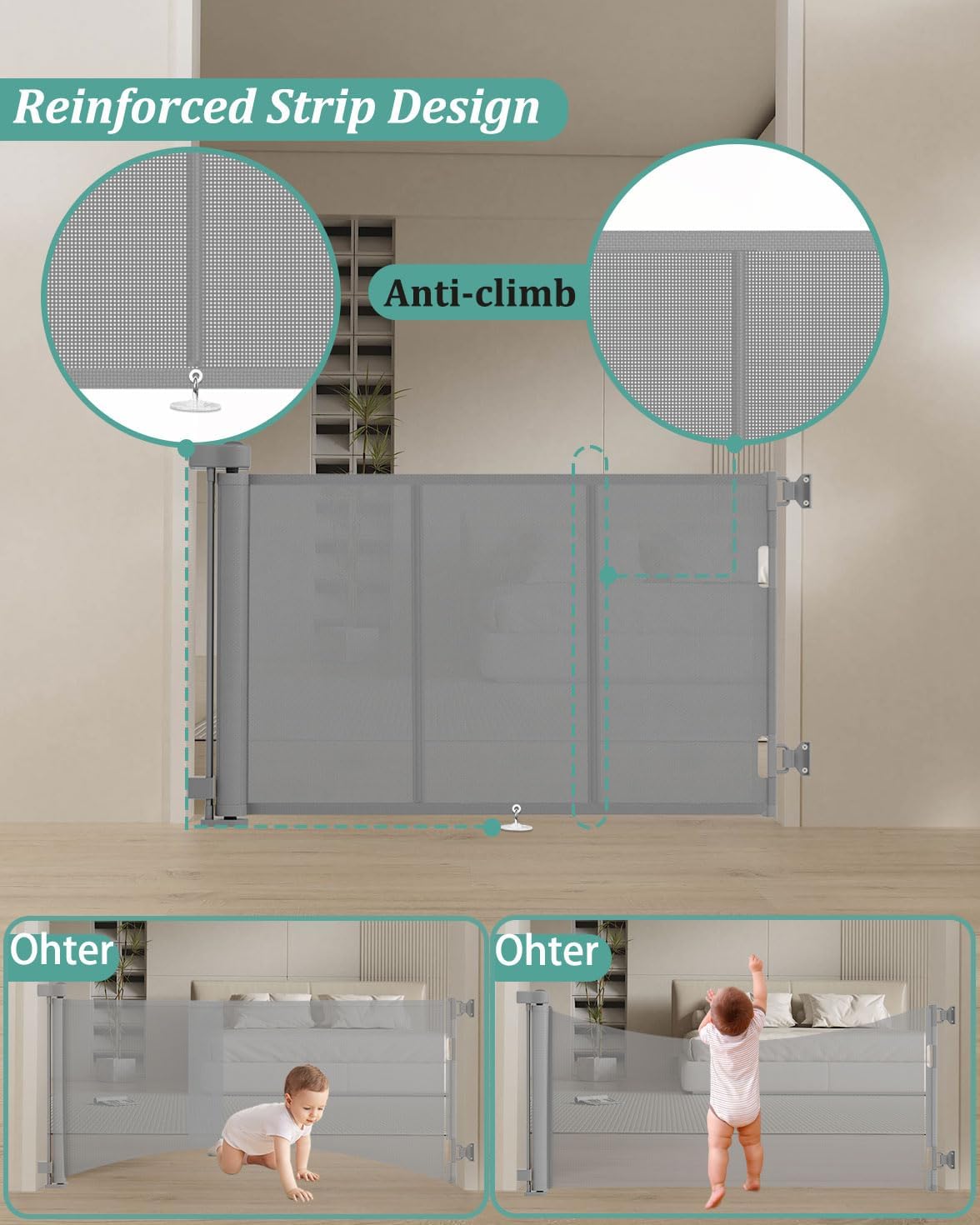 Miumoon 50 inch Retractable Baby Gates 34 inch Tall, Retractable Gate with Reinforced Strip Design to Prevent Crawling Through, Retractable Dog Gate for Stairs, Doorways, Hallways