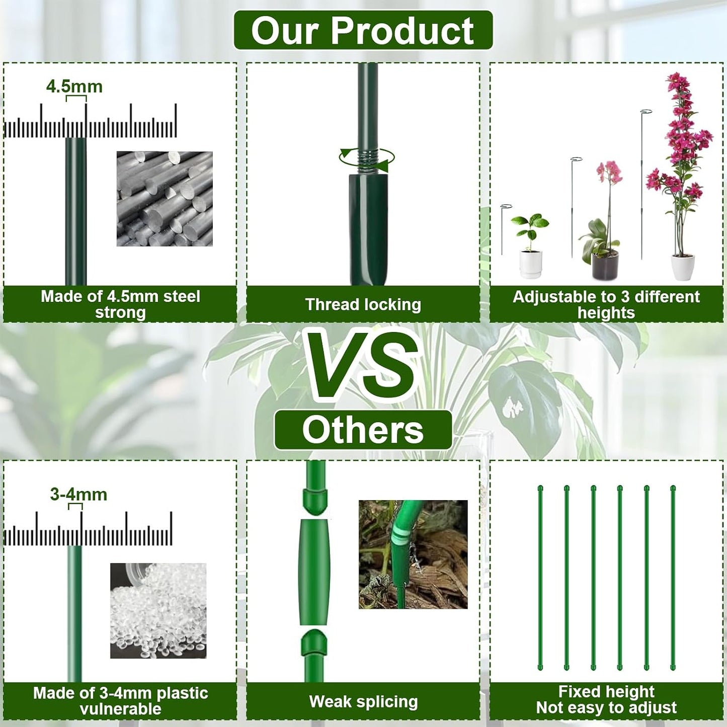 Mwellewm 6 Sets Plant Stakes 12/25/36 Inch Adjustable Plant Support Stakes Tall for Indoor Outdoor Plant Holder Stick Steel Garden Stem Pole Amaryllis Stakes with 30 Clip for Tomato Orchid Lily Flower