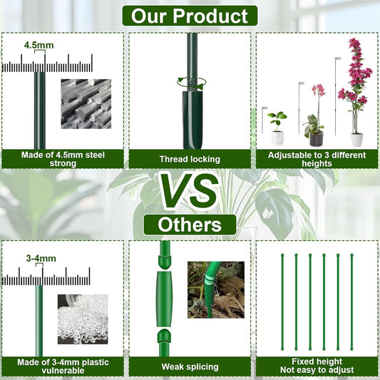 Mwellewm 6 Sets Plant Stakes 12/25/36 Inch Adjustable Plant Support Stakes Tall for Indoor Outdoor Plant Holder Stick Steel Garden Stem Pole Amaryllis Stakes with 30 Clip for Tomato Orchid Lily Flower