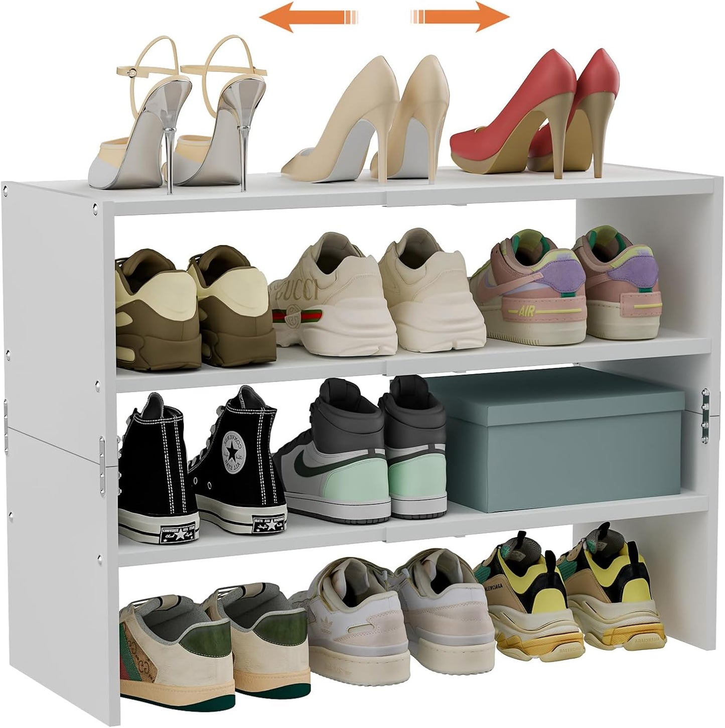 White Shoe Rack Organizer for Closet, 2-Tier Expandable Shoe Shelf, Stackable Iron Wood Combination Small Shoe Racks Shelves for Closets, Entryway,Small Space,Hallway,Bedroom,Bathroom,6-12 Pairs