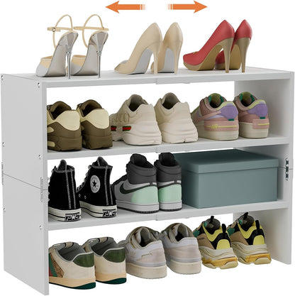 White Shoe Rack Organizer for Closet, 2-Tier Expandable Shoe Shelf, Stackable Iron Wood Combination Small Shoe Racks Shelves for Closets, Entryway,Small Space,Hallway,Bedroom,Bathroom,6-12 Pairs