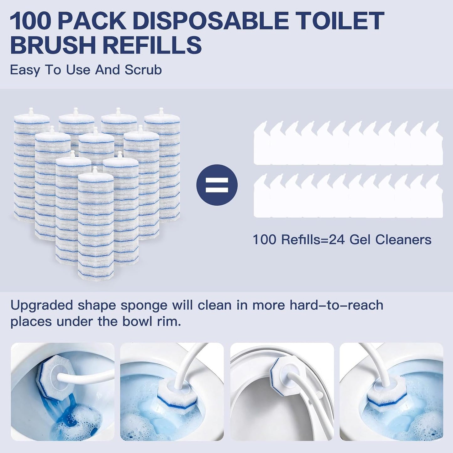 50 Pack Disposable Toilet Brush Refills, Universal Compatible Replacement Heads, 3-Layer Deep Cleaning Sponges for Bathroom Wand, Blue & White Striped Scrubbers