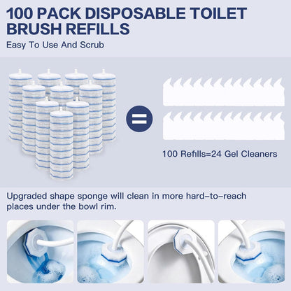 50 Pack Disposable Toilet Brush Refills, Universal Compatible Replacement Heads, 3-Layer Deep Cleaning Sponges for Bathroom Wand, Blue & White Striped Scrubbers