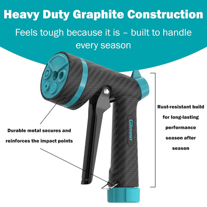 Gilmour Heavy Duty Garden Hose Nozzle, Swivel Connect, 5 Spray Patterns, Ergonomic Grip, Flow Control, Trigger Lock, Thumb Control