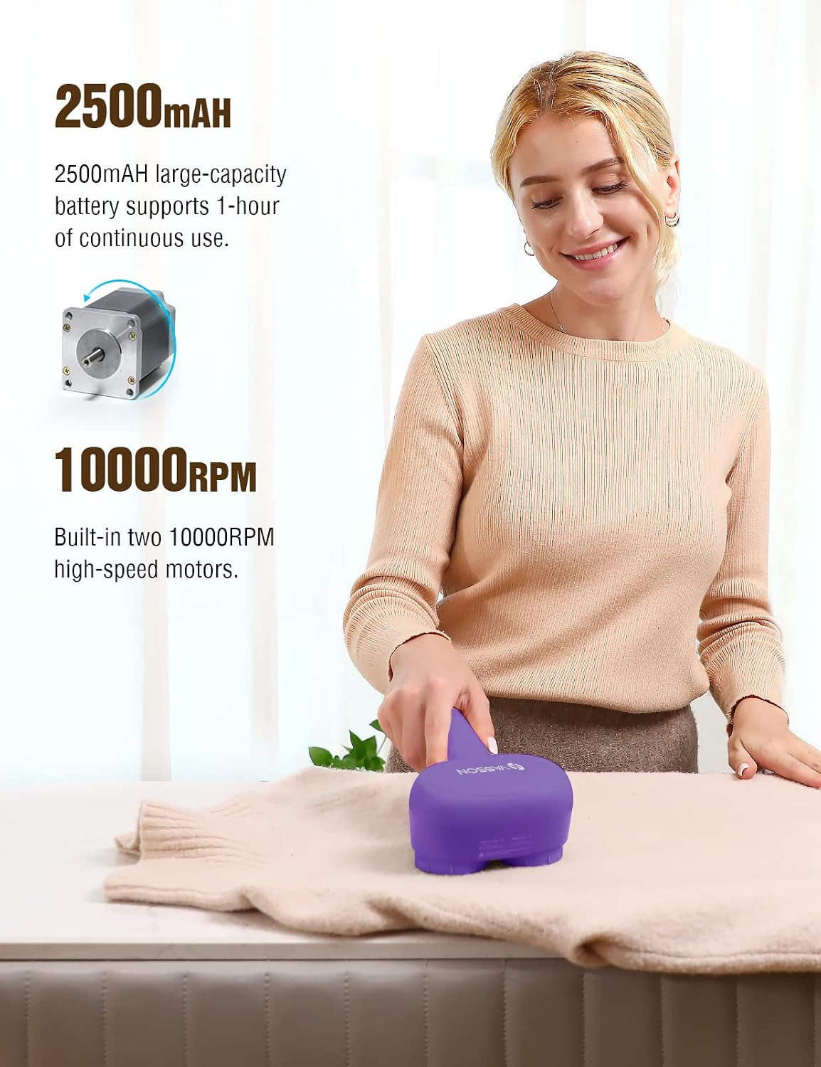 VASSON Fabric Shaver, Electric Lint Remover, Rechargeable Lint Shaver, Sweater Shavers to Remove Pilling, Large Fuzz Remover for Clothes Couch Furniture (Greyish White)