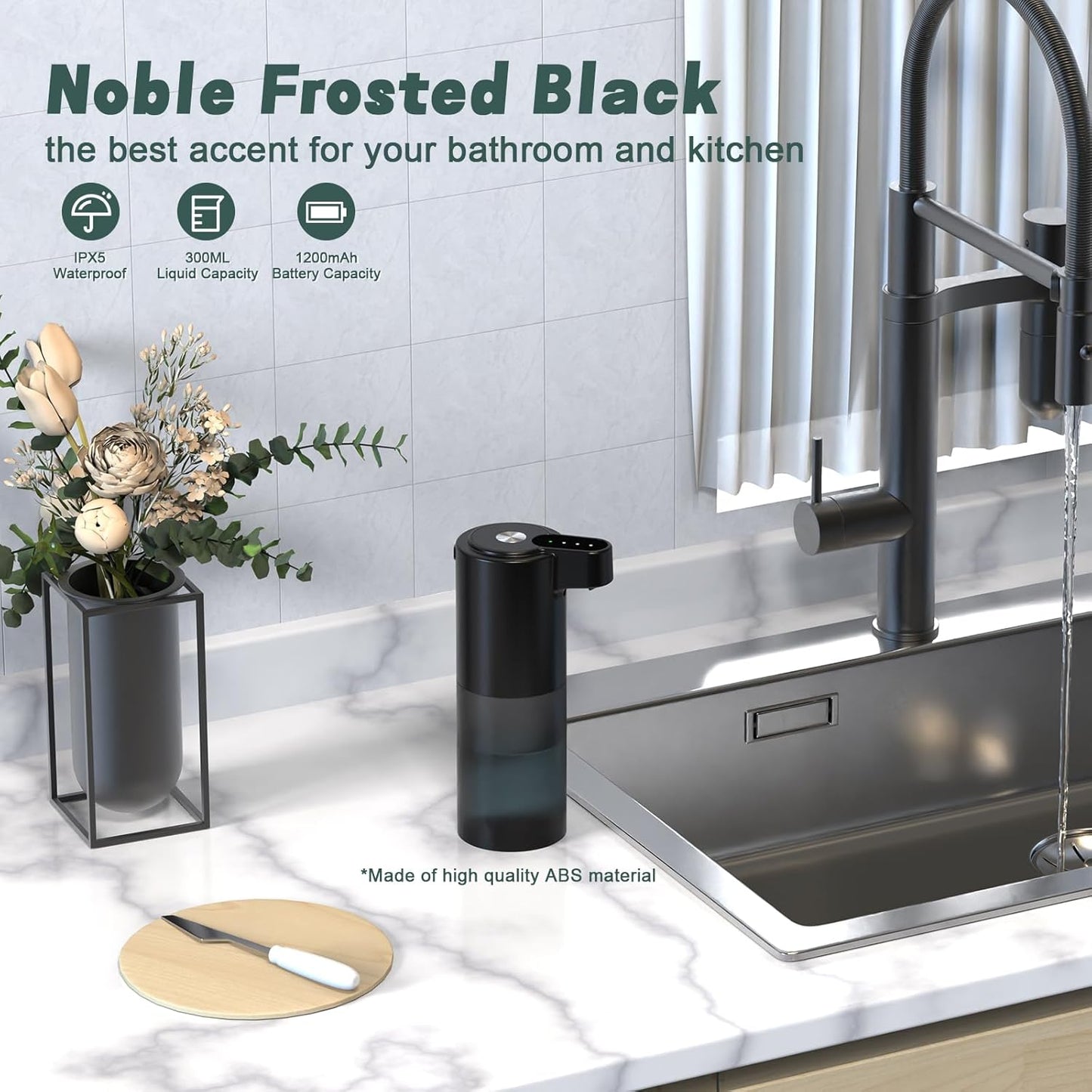 Automatic Foaming Soap Dispenser USB C Rechargeable Hand Soap Dispenser for Bathroom Touchless Dish Soap Dispenser for Kitchen IPX5 Waterproof, Matte Black