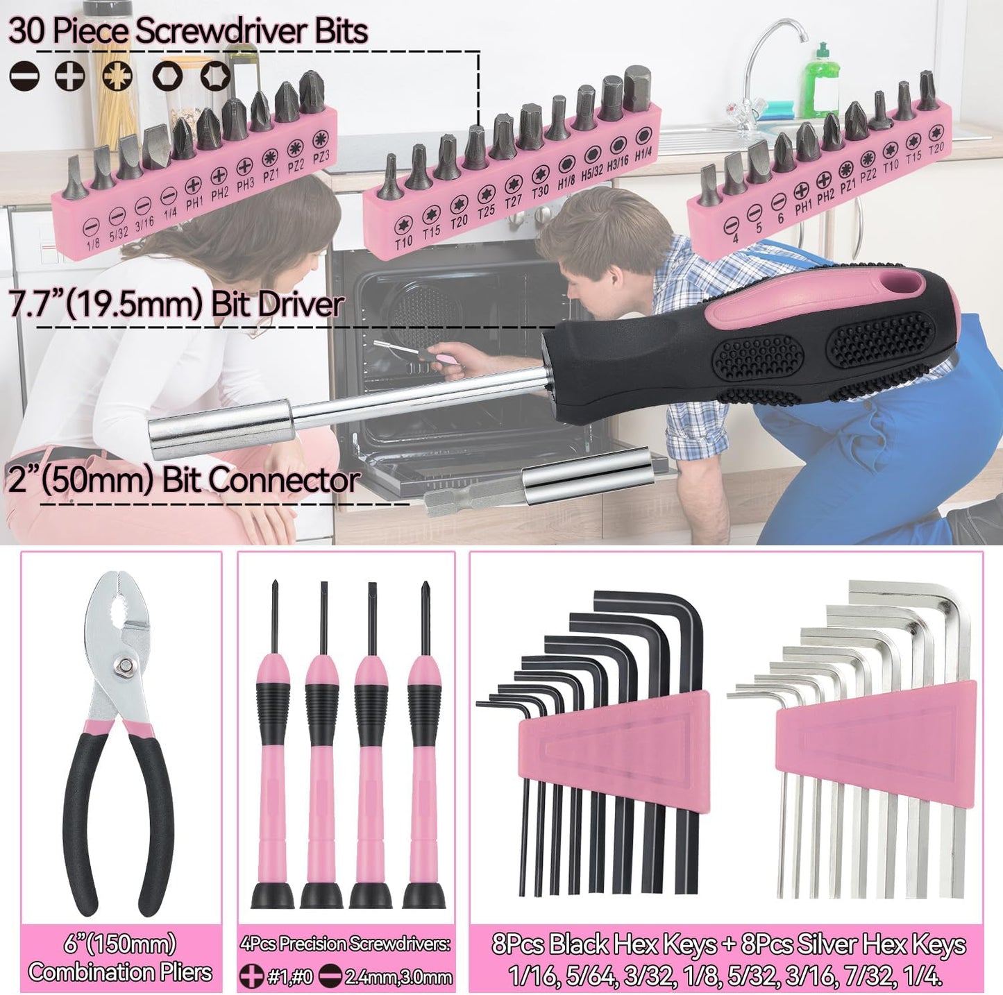 MARTCOLOR 58 Piece Household Tool Set, General Household Hand Tool Kit with Plastic Toolbox Storage Case, All Purpose Household Tool Kit for Women, Girls and Ladies, Pink