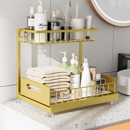 Saydear Under Sink Organizer Storage 2-Tier Premium Metal Pull-Out Kitchen Cabinet Organizer with Sliding Drawer, Height Adjustable, Heavy Duty for Kitchen & Bathroom Organizers 2 Pack Black