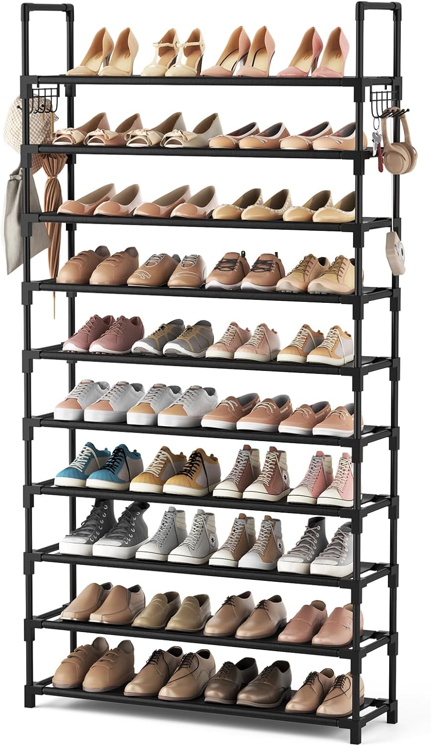 VTRIN 10 Tiers Tall Shoe Rack Holds 20-25 Pairs of Shoes Sturdy Vertical Shoe Organizer with 18pcs Hooks Stackable Narrow Shoe Rack for Closet, Entryway Black