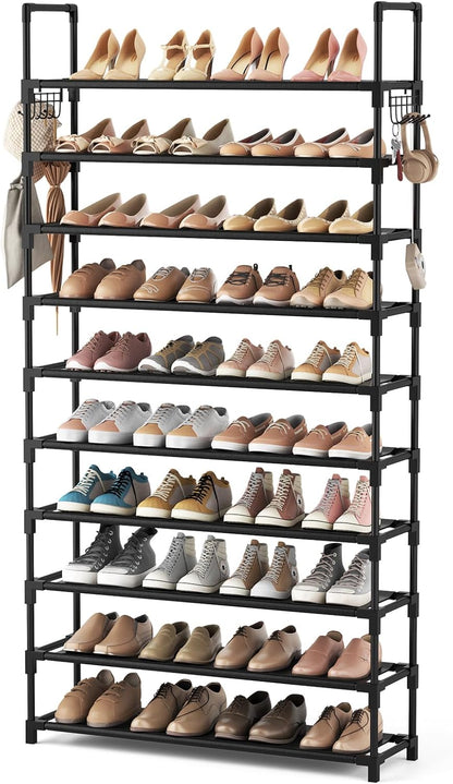 VTRIN 10 Tiers Tall Shoe Rack Holds 20-25 Pairs of Shoes Sturdy Vertical Shoe Organizer with 18pcs Hooks Stackable Narrow Shoe Rack for Closet, Entryway Black