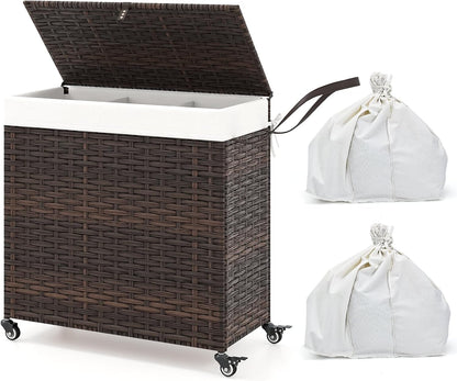 Giantex Laundry Hamper w/Wheels, 3 Section Hamper 125L w/2 Removable Liner Bags, Handwoven Rattan Divided Laundry Basket w/Lid and Handle for Laundry Sorter for Bathroom Bedroom (Brown)