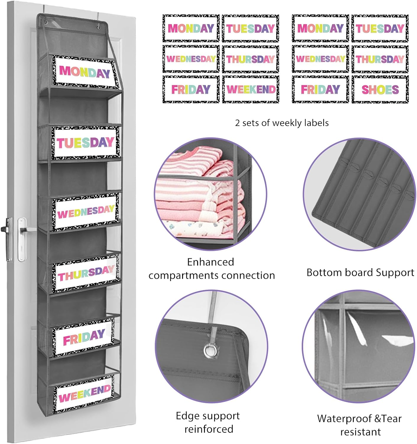 2 Pack Weekly Clothes Organizer for Kids, 6 Shelf Hanging Closet Organizer with Clear Window, Foldable Days of the Week Over the Door Outfit Organizer with Labels for Closet School
