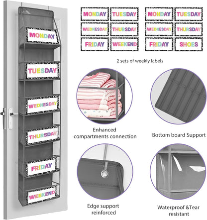 2 Pack Weekly Clothes Organizer for Kids, 6 Shelf Hanging Closet Organizer with Clear Window, Foldable Days of the Week Over the Door Outfit Organizer with Labels for Closet School