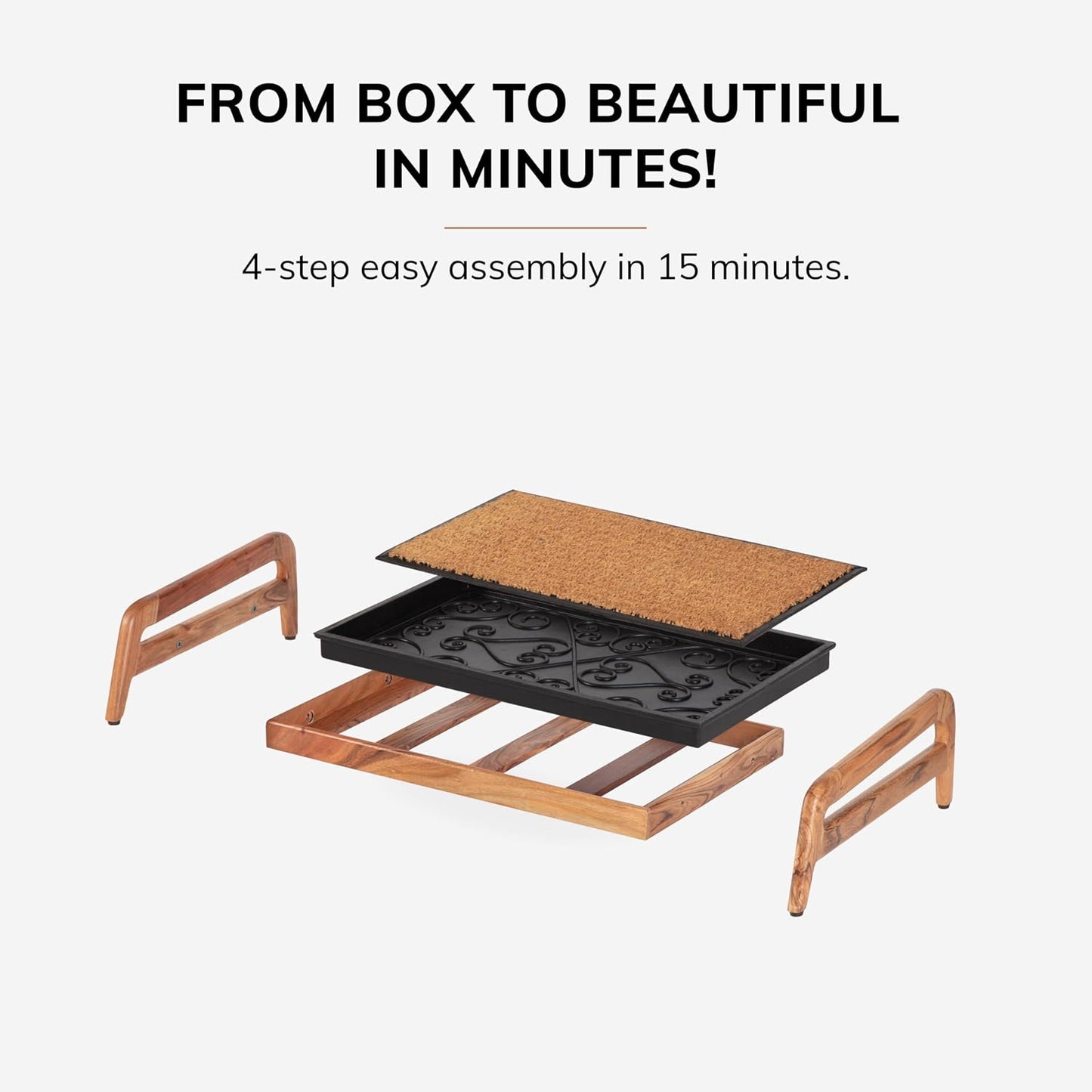 Anji Mountain Heavy Duty Waterproof Wooden Shoe Storage Mat Organizer/Boot Storage Tray Multi Use for Entryway with Coir, Tan Rectangle Embossed Insert, 1 Tier, Fits 2 Pair (26.5" Wide)