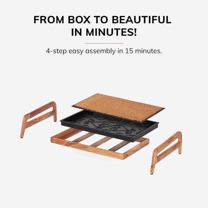 Anji Mountain Heavy Duty Waterproof Wooden Shoe Storage Mat Organizer/Boot Storage Tray Multi Use for Entryway with Coir, Tan Rectangle Embossed Insert, 1 Tier, Fits 2 Pair (26.5" Wide)