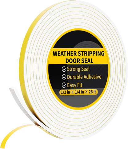 26Ft Weather Stripping Door Seal - 1/2" x 1/4" Door Seal Strip for Door Frame, High Density Foam Insulation Tape, Self Adhesive, Soundproof Gap Filler for Doors, Windows, Sliding & AC Units, White
