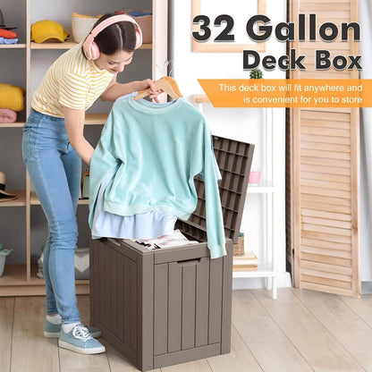 Outdoor Storage Box, 31 Gallon Resin Deck Boxes Outdoor Waterproof For Patio Furniture, Garden Tools, Pool Supplies, Lockable And UV Resistant (Rattan Gray)