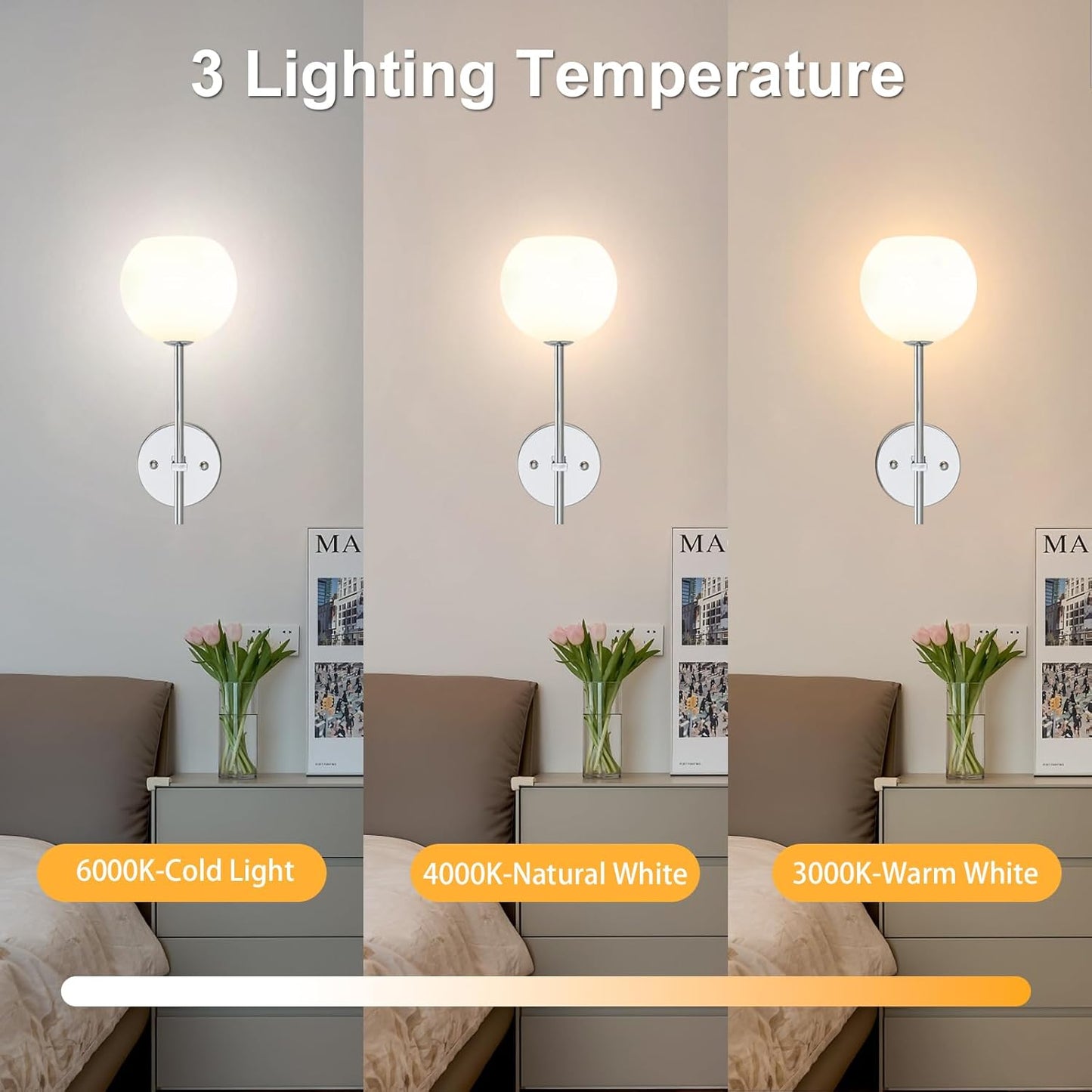 Brass Battery Operated Wall Sconces Set of 2, Rechargeable Wireless Wall Lights with Milky White Frosted Glass, 12 RGB and 3CCT Dimmable, Wall Lamps with Remote for Bedroom Living Room Hallway