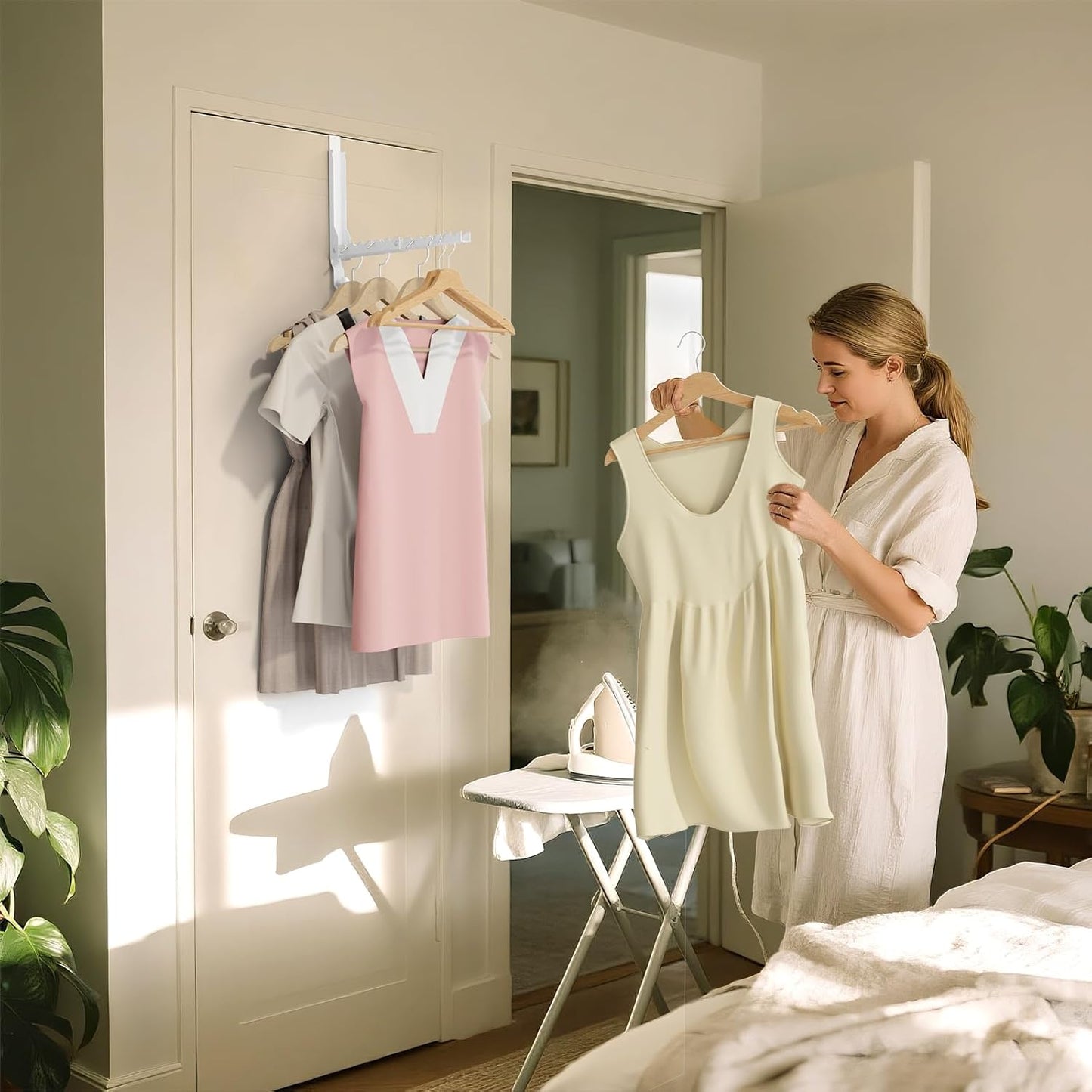 2 Pack Over The Door Hanger Folding Clothes Drying Rack, Folding Hanging Coat Rack for Indoor Laundry Room Compact Small Space Foldable Portable Clothing Hanger Hook Collapsible (Wihte-2(Upgraded))