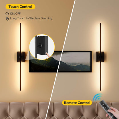 Ouyulong Battery Operated Wall Sconces Set of 2, 10000mAh Wireless Rechargeable 3000-6000K Dimmable 350° Rotate Wall Light with Remote for Living Room, Bedroom 31.6in Black