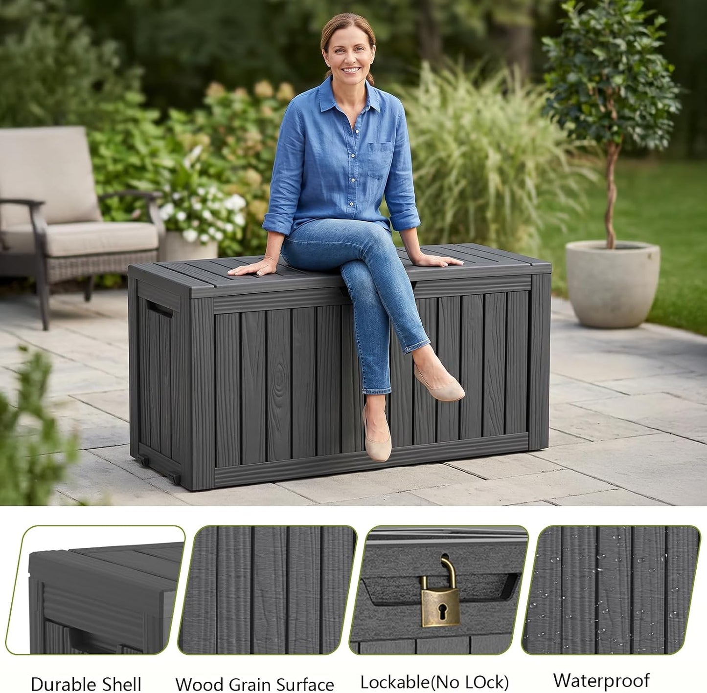 Waterproof Outdoor Storage Box Outside Deck Box Lockable Resin Bench UV Resistant Furniture Cushion Pool Tool Float Bin Patio Garden Porch (Black, 120 Gallon)