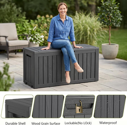 Waterproof Outdoor Storage Box Outside Deck Box Lockable Resin Bench UV Resistant Furniture Cushion Pool Tool Float Bin Patio Garden Porch (Black, 120 Gallon)