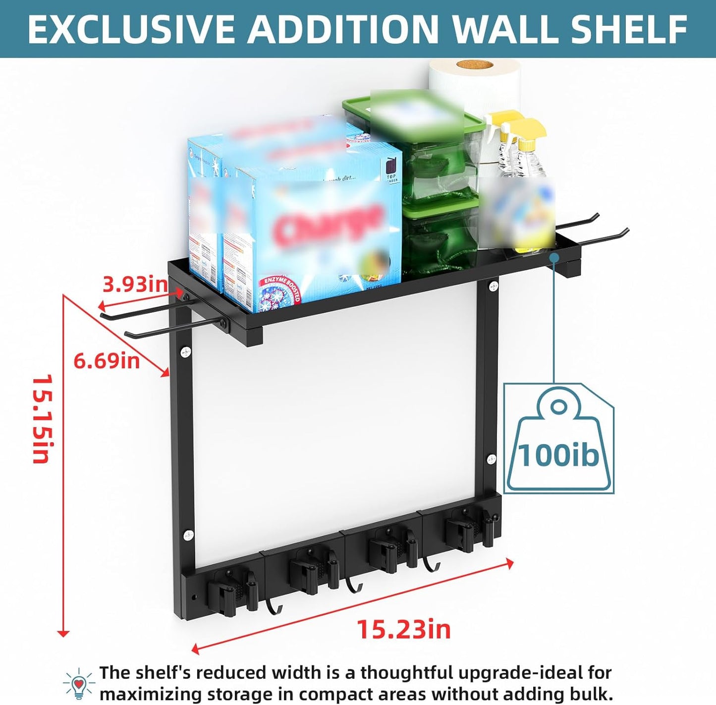 Broom Holder Wall Mount with Cleaning Supplies Organizer, Laundry Room Organization and Storage Shelves, Mop Hanger Broom Rack with Hooks, Home Improvement Kitchen Shelf Garage Organizer