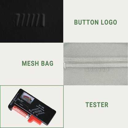 Battery Organizer Storage Case with Tester for AA AAA Button Battery Holder Carrying 3 Batteries Variety Pack 88 Batteries Zipper Mesh Bag (Batteries Not Included) (black-green)