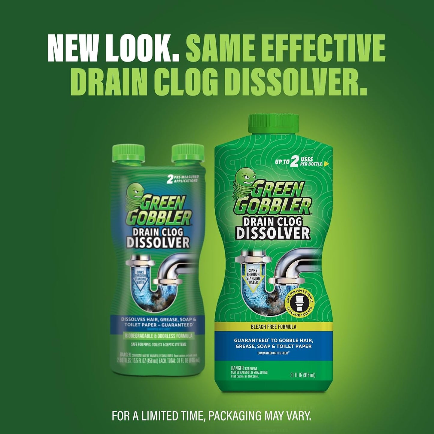 Green Gobbler Drain Clog Dissolver, Drain Opener-Cleaner,Toilet Clog Remover, 31 oz (Pack of 2)
