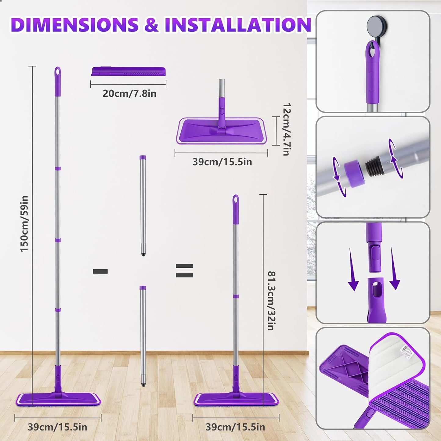 Microfiber Mops for Hardwood Floor Cleaning - BPAWA Flat Floor Mop with 4 Washable Pads for Laminate Wood Tile Vinyl Home Kitchen Bathroom - 59" Adjustable Handle