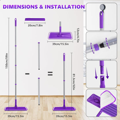 Microfiber Mops for Hardwood Floor Cleaning - BPAWA Flat Floor Mop with 4 Washable Pads for Laminate Wood Tile Vinyl Home Kitchen Bathroom - 59" Adjustable Handle