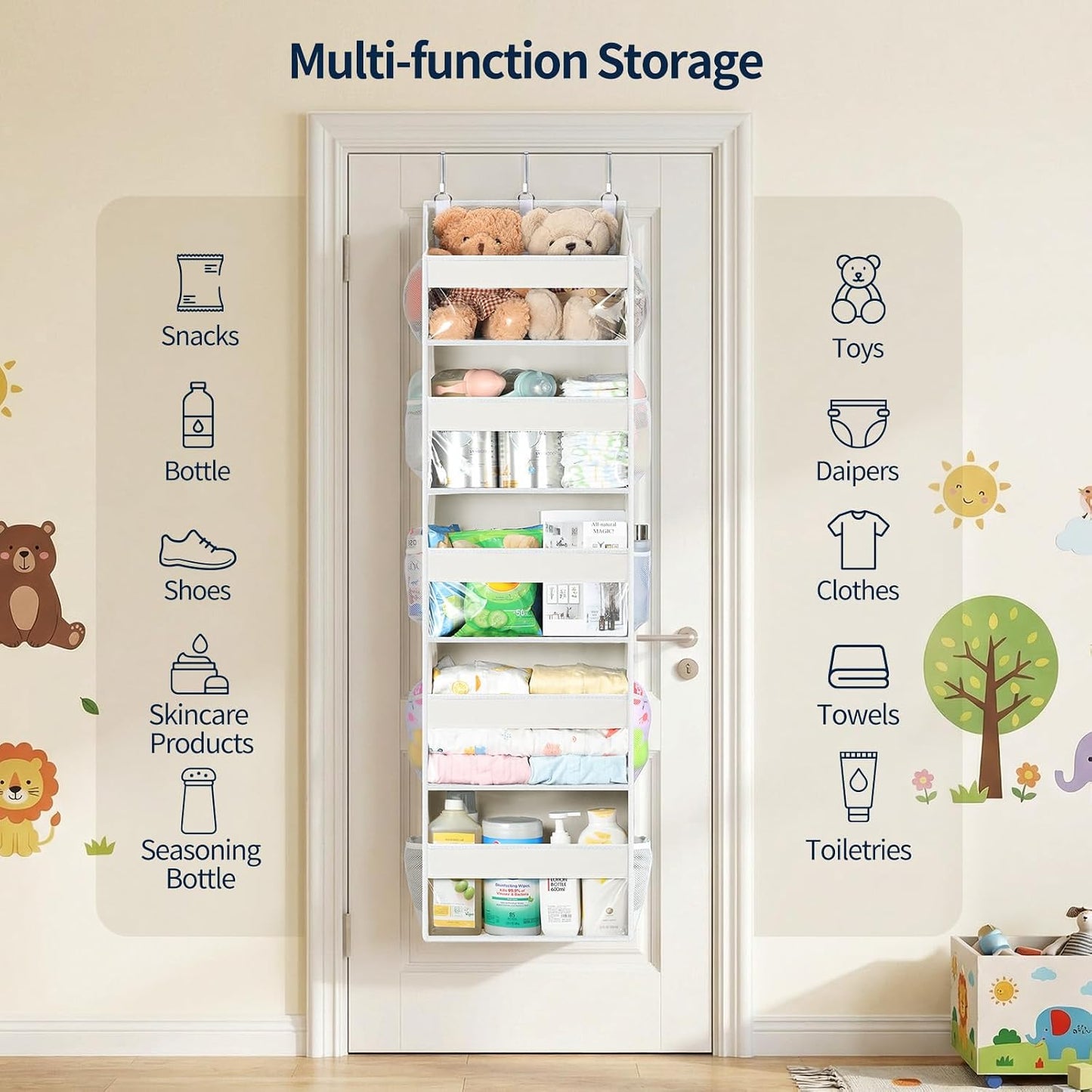 Yecaye Over the Door Organizer 5 Tiers, Heavy Duty Hanging Storage with 5 Large Clear PVC Pockets and 10 Side Pockets, 56lbs Capacity for Closet Door Bathroom Bedroom Nursery Dorm Laundry Room, Grey