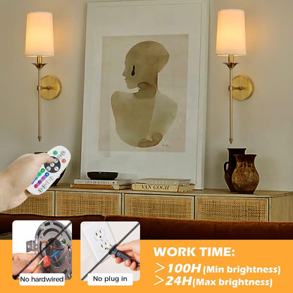 PASSICA DECOR Battery Operated Wall Sconce Set of 2 - Rechargeable Cordless Lights with Remote, Dimmable RGB Timer Wireless Sconces for Bedroom, Living Room, Hallway