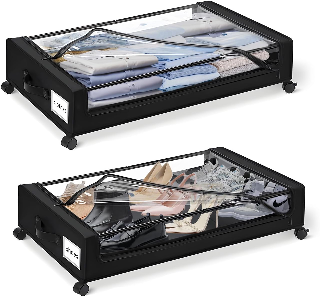 Under Bed Storage with Wheels, Black, 35L Large Capacity | Clear Lid & Label, Rolling Metal Drawer, For Clothes, Shoes, Toys, Books, Blankets