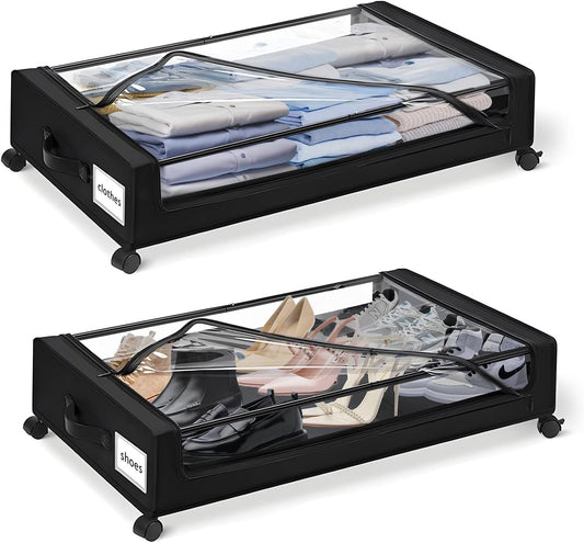 Under Bed Storage with Wheels, Black, 35L Large Capacity | Clear Lid & Label, Rolling Metal Drawer, For Clothes, Shoes, Toys, Books, Blankets