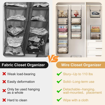 X-cosrack 6 Tier Closet Hanging Organizer, Clothes Hanging Shelves with 4 Hanging Hooks 5 S Hooks, Wire Storage Basket Bins, for Clothing Sweaters Shoes Handbags Clutches Accessories Patent